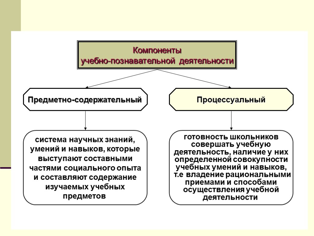 Компоненты учебно-познавательной деятельности Предметно-содержательный Процессуальный система научных знаний, умений и навыков, которые выступают составными